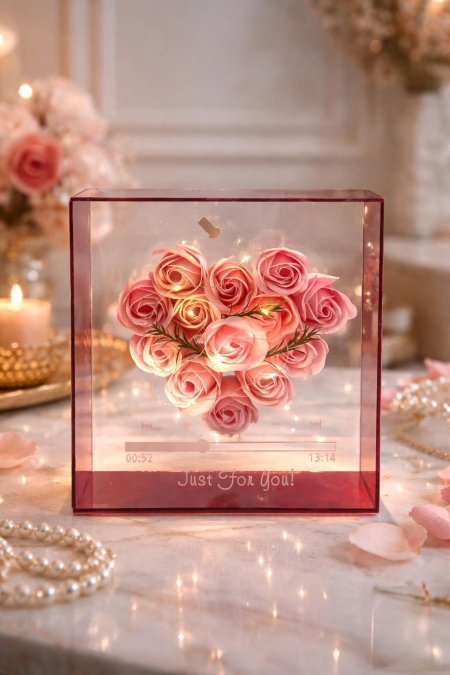 تحفة زجاج مضيئة وردة قلب